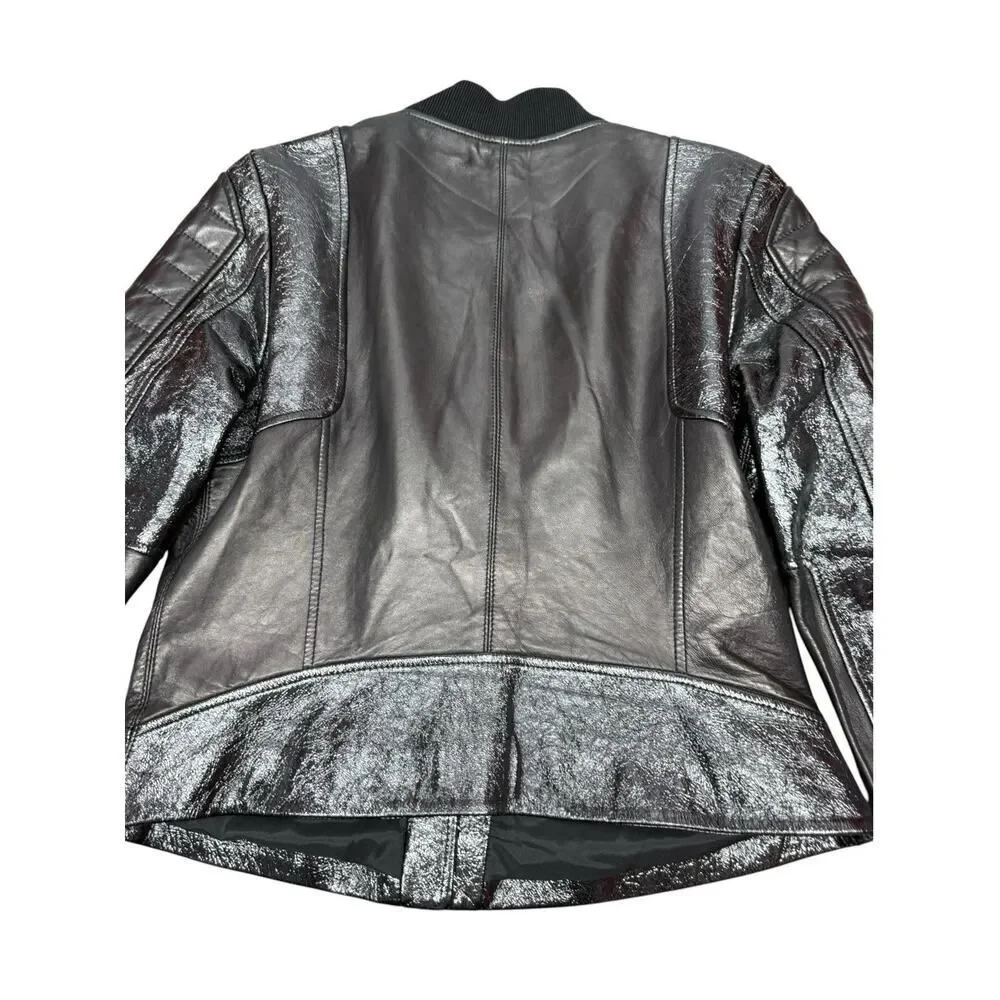 Theory Shezi Lamb Leather Moto Jacket Black Patent Crackled Zip M